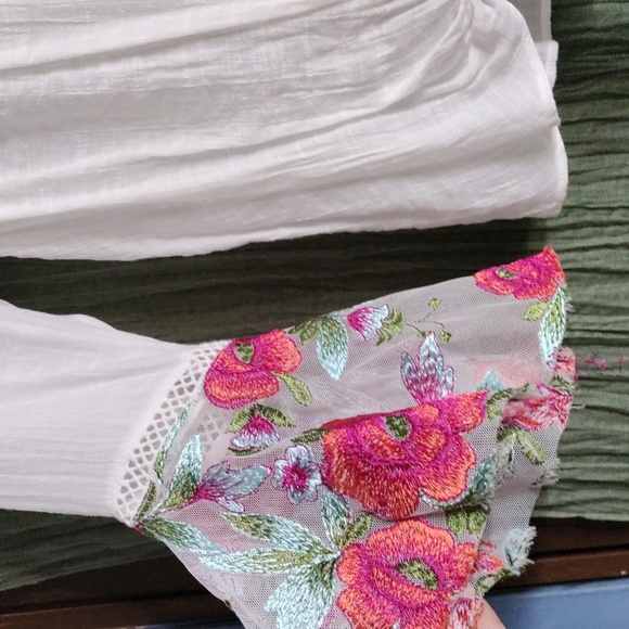 A. Byer Peasant Top with Floral Embroidered Bell Sleeves - Picture 7 of 13